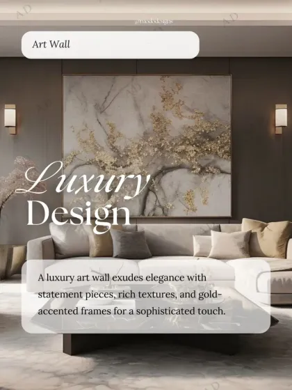 For a luxury design, an art wall exudes elegance with large statement pieces, rich textures, and gold-accented frames for a sophisticated touch.