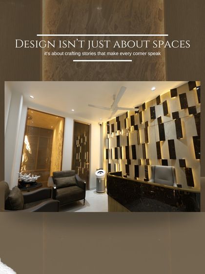 Design isn't just about spaces; it's about crafting stories. This reception area features a dramatic 3D wall panel in wood and stone, creating a powerful narrative from the moment you enter.