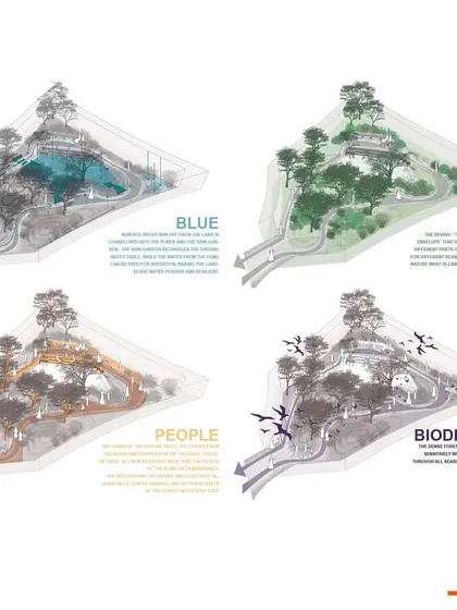 This composite image illustrates the four foundational layers of our 'Sacred Forest' design: Blue (water), Green (plants), People (experience), and Biodiversity (habitat). It shows how these interconnected systems create a single, resilient whole.