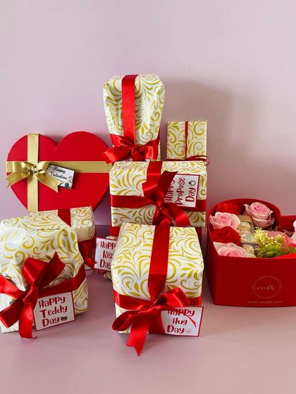 My 7-day Valentine's week gift set. Each day's gift is individually wrapped, leading up to the main heart-shaped hamper for Valentine's Day.
