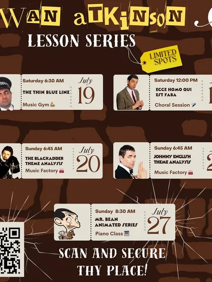 We love to get creative with our lesson series. This graphic announces our Rowan Atkinson-themed workshops, where we analyze the theme music from shows like "Mr. Bean" and "Blackadder" and even hold a choral session for "Ecce Homo Qui Est Faba."