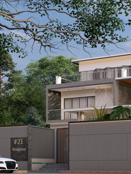 Another perspective of the "Zen Oasis" render, showing the layered volumes and the use of marble on the facade. The design balances privacy with a strong visual connection to the surrounding greenery.