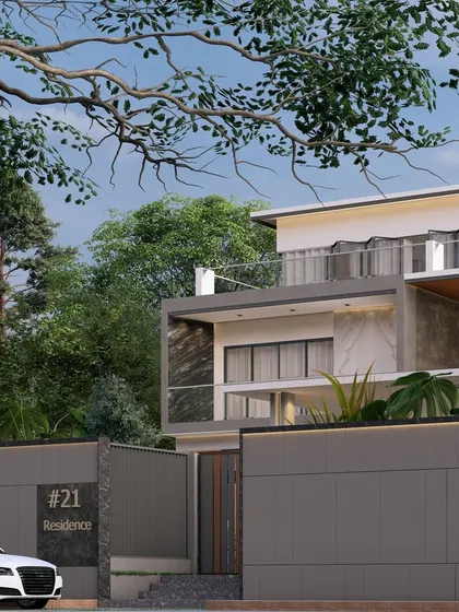 Another perspective of the "Zen Oasis" render, showing the layered volumes and the use of marble on the facade. The design balances privacy with a strong visual connection to the surrounding greenery.