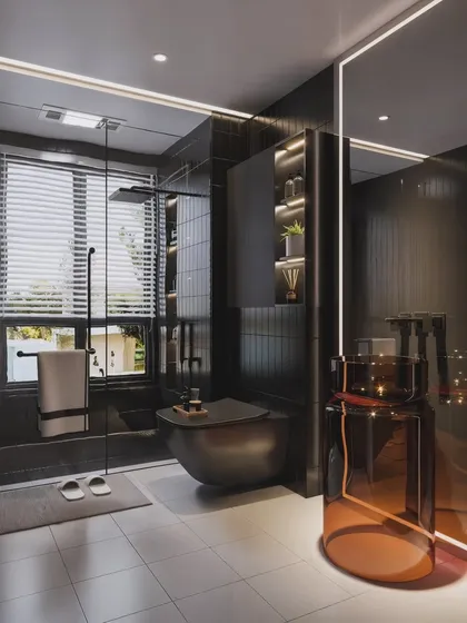 A modern bathroom render demonstrating a more minimalist approach. The amber-colored glass pedestal sink provides a warm focal point against the dark, sleek tiles.