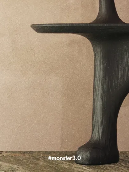 A close-up of a piece from the Monster 3.0 collection, showing the textured, hand-carved details. The design is meant to feel organic and powerful, like a functional piece of natural sculpture.