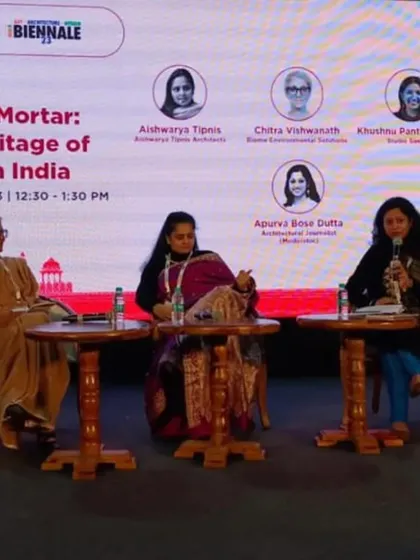 Participating in a panel discussion on the "Built Heritage of Modern India" at the India Art, Architecture & Design Biennale. The conversation explored the intersection of sustainability, culture, and modern design.
