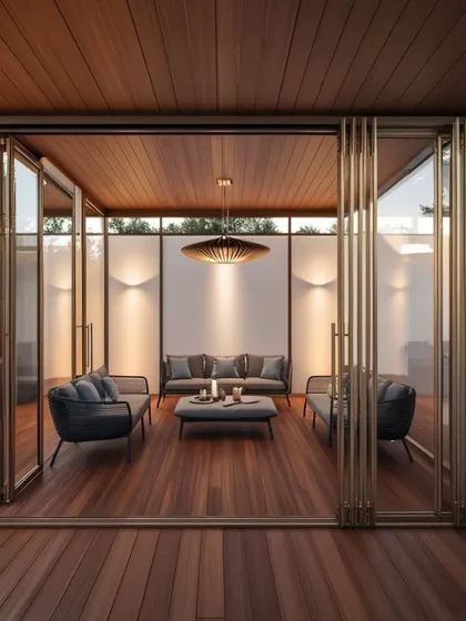 This glasshouse features elegant, foldable glass doors that can be fully opened to merge the indoor space with the outdoor deck. The design offers ultimate flexibility.