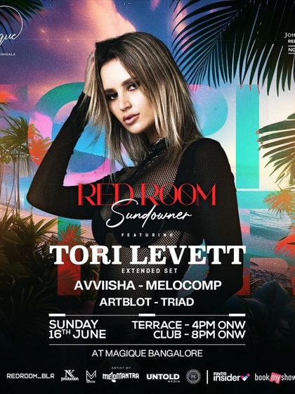The main flyer for the Redroom Sundowner at Magique, featuring Tori Levett.