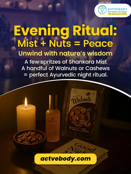 Here is my evening ritual for inner peace. This cozy, candlelit image shows how a few spritzes of Shankara Mist and a handful of walnuts or cashews create the perfect Ayurvedic night ritual to unwind.