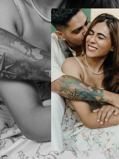 A beautiful close-up that highlights both the bride's joyful expression and the groom's intricate tattoo. This black and white conversion adds a timeless and artistic feel to their post-wedding portrait.