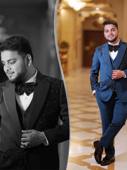 A stylish portrait of the groom in his embellished suit, presented in both black and white and color.
