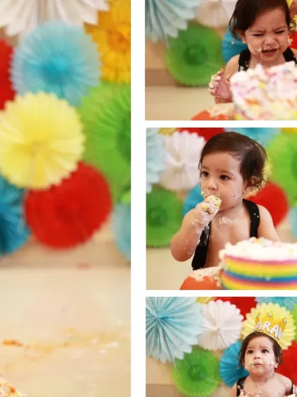 A collage showing the many expressions of a cake smash. From hesitation to curiosity to pure enjoyment, it's a story told in frosting.