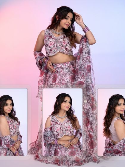 A collage of our floral print lehenga, showing how it can be styled for a complete and elegant traditional look.