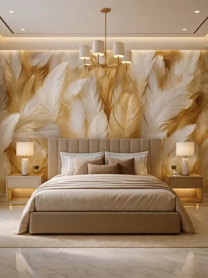 This bedroom wall is covered in a soft and dreamy 3D wallpaper of overlapping white and gold feathers, creating a light, airy, and luxurious feel.