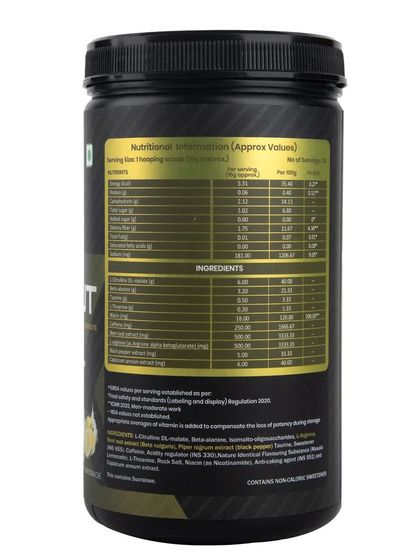 The nutritional information label on the back of a pre-workout supplement.