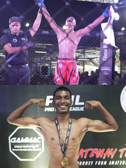 A collage celebrating our rising star. From the victory in the cage to posing with the gold medal, this captures the complete journey of a champion.