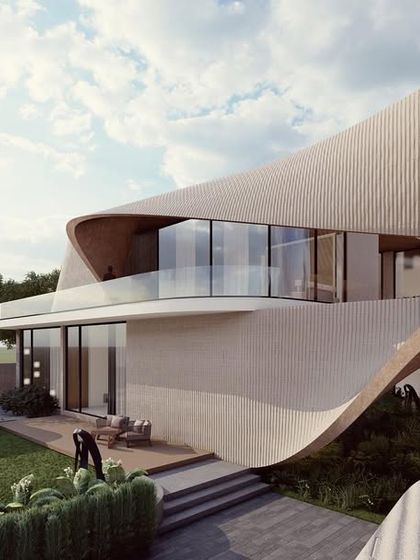 This view showcases the organic integration of our fluidic residence concept with its landscape. The building's curves mimic natural forms, creating a harmonious and serene environment.