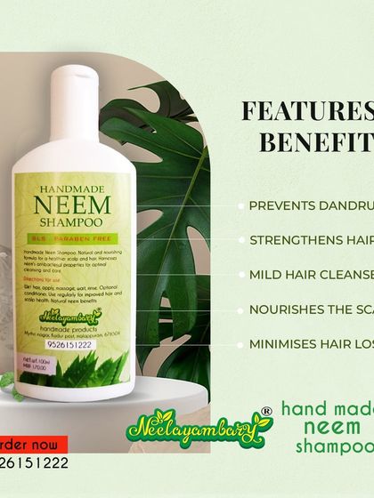 Explore the features and benefits of my handmade Neem Shampoo. It's a mild cleanser that prevents dandruff, strengthens hair roots, nourishes the scalp, and minimizes hair loss.