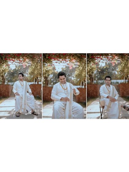 A triptych of the groom in his traditional dhoti, seated and posing in a serene outdoor setting.