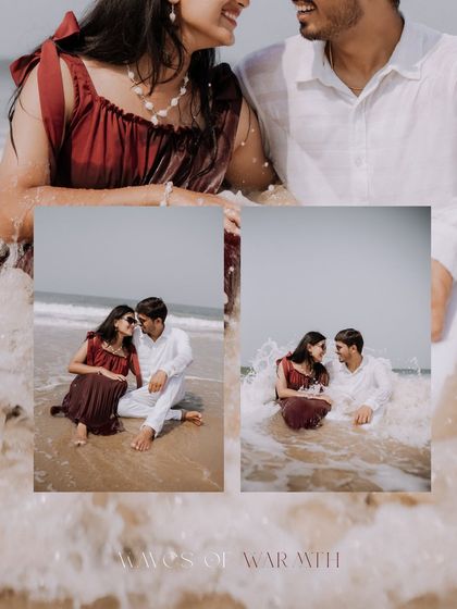 This collage captures the fun of playing in the waves, showing the couple's laughter and joy as the water splashes around them.