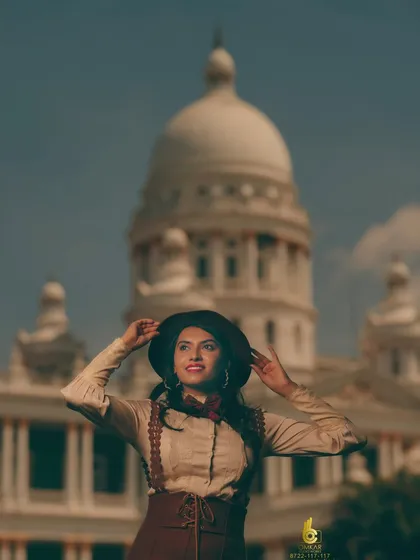 We love using the stunning architecture of Mysore as a backdrop for our fashion and portfolio shoots. This image, part of a vintage-themed series, shows how we blend location, styling, and a model's presence to create compelling, editorial-quality photographs for a professional portfolio.