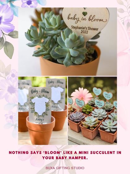 A "Baby in Bloom" mood board showing how mini succulents in terracotta pots make a wonderful, lasting party favor.