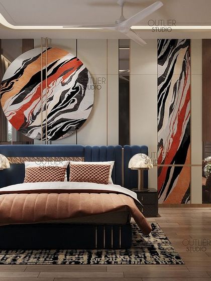 A vibrant room for our client’s son to create a youthful and fun atmosphere. The design features bold, abstract art, a deep blue bed, and a gallery wall of black and white prints for a cool, modern vibe.