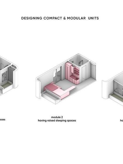 These diagrams show the modular design of the compact apartment units at The Nest. We developed three variations with concealed, raised, or stepped sleeping areas to offer spatial and programmatic flexibility.