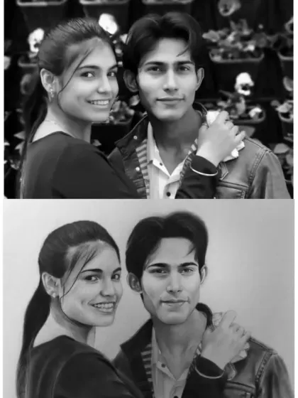 Here you can see the transformation from a digital photo to a hand-drawn A3 portrait. This was a lovely double portrait order from a client in Vadodara, Gujarat.