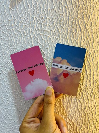Simple and sweet photo print wallet cards. These feature aesthetic backgrounds with clouds and heartfelt messages like "Forever and Always" and "Friends 'till the end!"