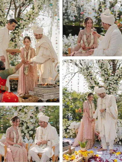 A collage capturing the key rituals of a minimalist pastel wedding. From the exchange of garlands to the blessings from family, each photo highlights the understated elegance and deep love that defined this special day.