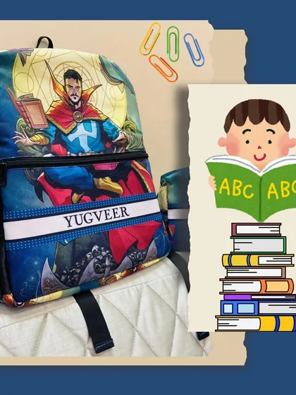 A cool Doctor Strange themed backpack, personalised with the name 'Yugveer'. It's the perfect bag to store all their big dreams and school supplies.
