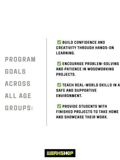 An overview of our program goals for all age groups. We focus on building confidence, creativity, and real-world skills in a safe and supportive environment.