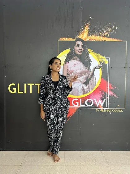 A happy moment at my Glitter & Glow studio in Nagarbhavi. This is my creative space where I've taught over 1200 students. Even though I'm teaching online for now, this is the heart of my brand.