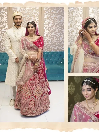 A collage of a Muslim wedding, featuring couple portraits and beautiful solo shots of the bride.