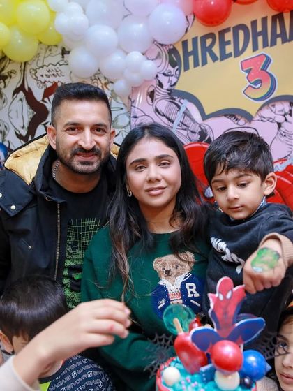 We were honored to host cricketer Mohit Sharma and his family for their son's superhero-themed 3rd birthday. Here they are, all smiles, during the cake-cutting ceremony.