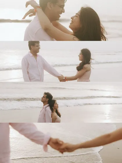 A series of cinematic stills from Ritu and Tarush's day at the beach. Each frame tells a part of the story, from holding hands to looking out at the sea together.