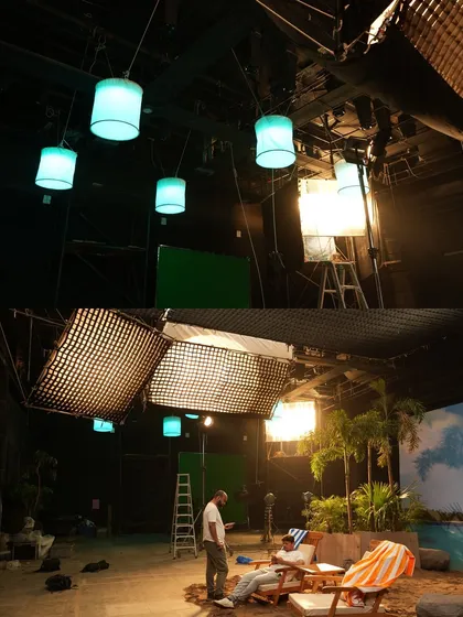 The lighting setup for the Cleartrip commercial. We used large diffusion frames and overhead lanterns to simulate a soft, tropical beach ambiance.