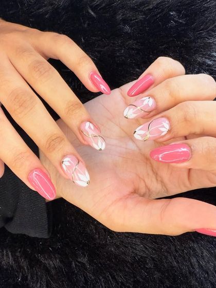 A beautiful abstract design in shades of pink and white. The delicate silver glitter accents add a touch of sparkle to the flowing, marble-like pattern.