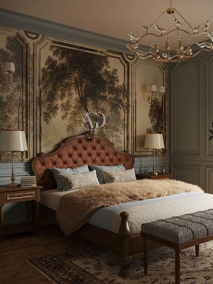 Victorian bliss. This bedroom design features a dramatic, hand-painted wall mural that serves as a stunning backdrop for the leather-tufted headboard. The look is rich, layered, and unapologetically opulent.
