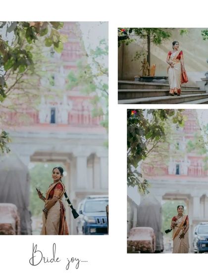 "Bride Joy." A collage of a happy bride in her traditional attire, posing in and around a temple. These shots capture the pure joy and excitement of the wedding day.