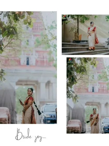 "Bride Joy." A collage of a happy bride in her traditional attire, posing in and around a temple. These shots capture the pure joy and excitement of the wedding day.