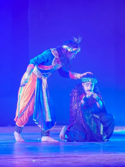 A tender moment between Krishna and Shakuni, exploring the complex moral landscape of the epic. Even in conflict, there are layers of emotion to explore through abhinaya (expression).