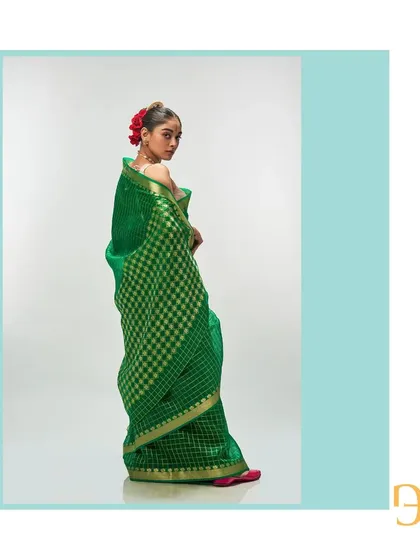 A side profile of the shamrock green saree, highlighting the rich color and the beautiful fall of the organza fabric.