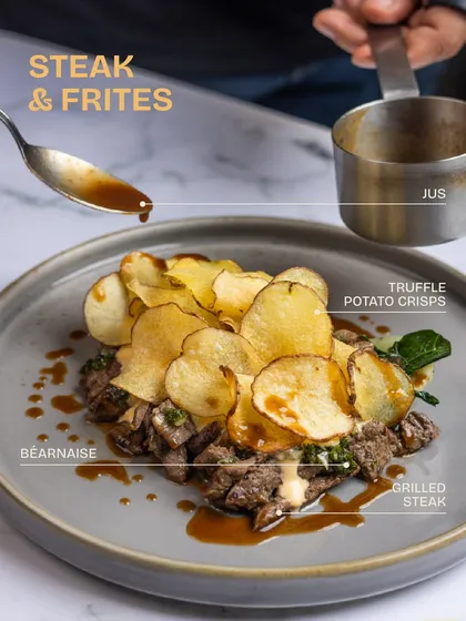 Simple, timeless, and exactly what a weekend deserves. Our Steak and Frites features grilled steak, creamy béarnaise, a rich jus, and delicate, house-made truffle potato crisps for that perfect crunch.
