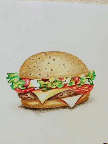 Treat yourself with art. This realistic burger drawing is a feast for the eyes.