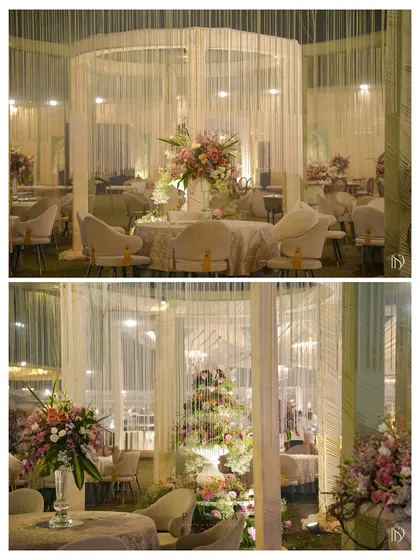 A diptych showing different perspectives of the Nikaah decor, from the intimate dining setup to the grand floral fountain, all unified by a soft, romantic aesthetic.