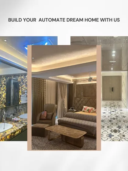 Build your automated dream home with us. This image showcases a luxurious bedroom and bathroom where integrated lighting, including backlit marble, creates a spa-like, high-end feel.