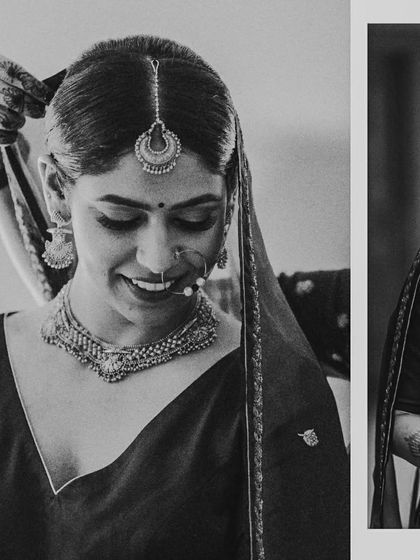 A black and white collage of a bride getting ready, capturing the quiet, focused moments with her and her helpers.