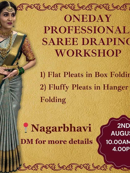 Announcing one of my popular one-day professional saree draping workshops in Nagarbhavi. These classes cover both flat pleats for box folding and fluffy pleats for hanger folding.